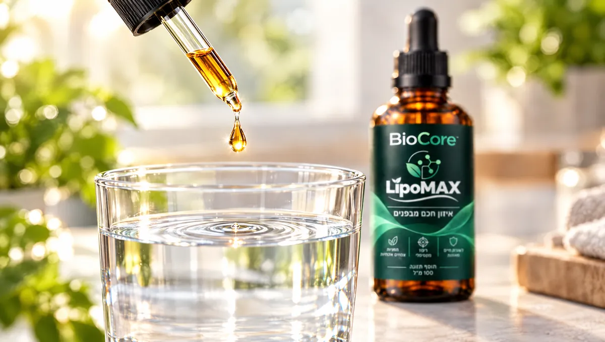 טיפה נופלת מהטפטפת לכוס מים, בקבוק LipoMAX ברקע