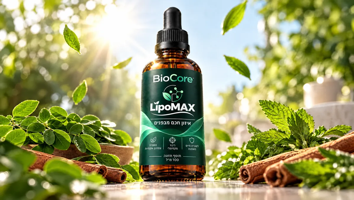 בקבוק LipoMAX על משטח מטבח בין עלי מורינגה, מקלות קינמון ועלים ירוקים